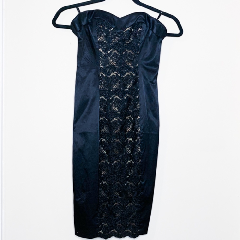 Bebe Black Nude Satin Lace Panel Bodycon Dress